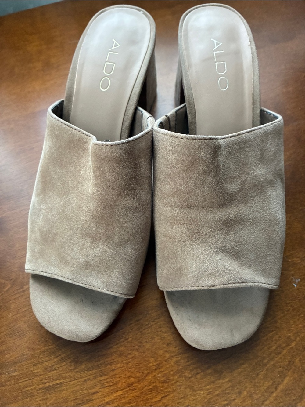 ALDO Taupe Suede Open-Toe Block Heel Mules
